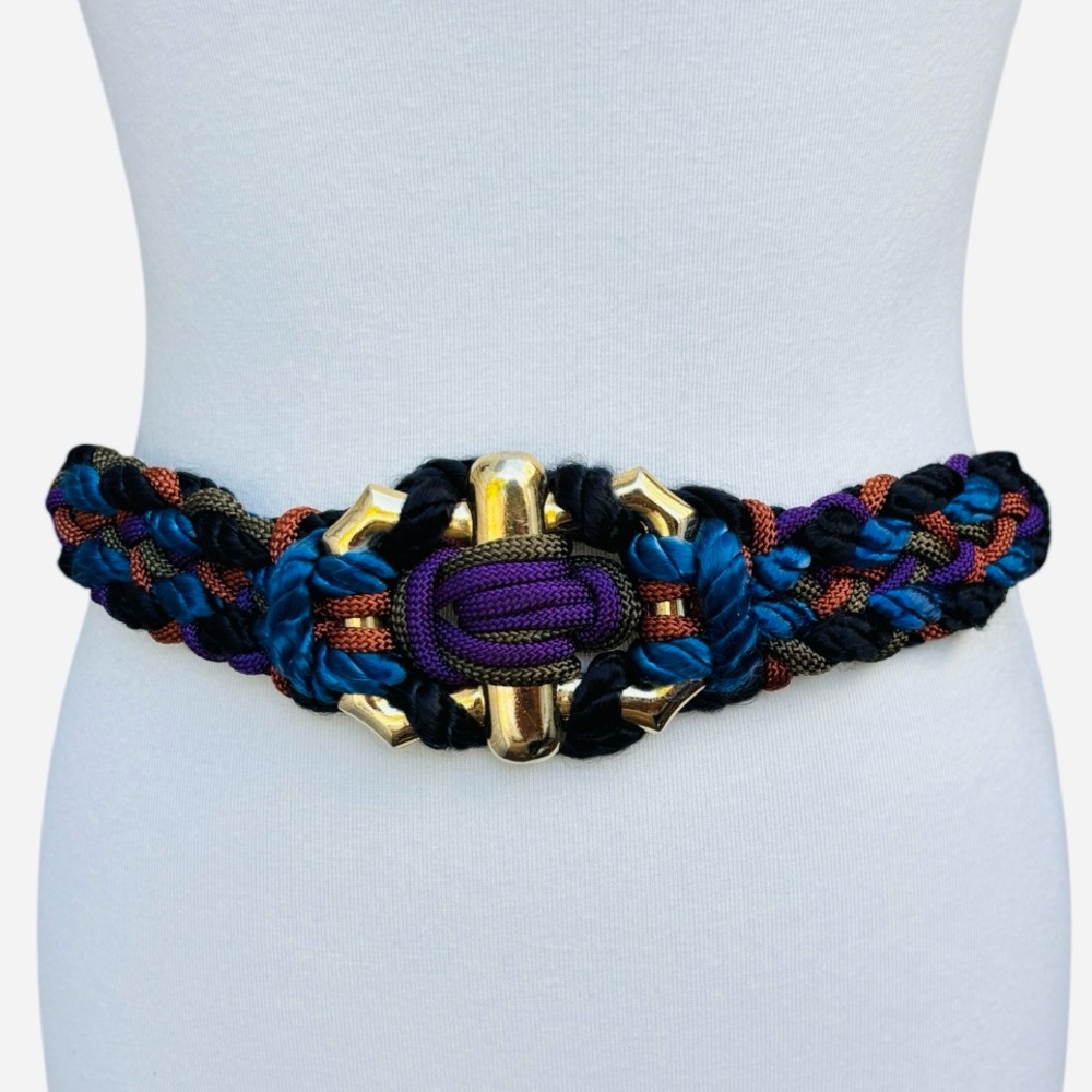 Vintage 80’s Muticolor Braided Nylon Rope Belt with Gold Tone Medallion Size S/M